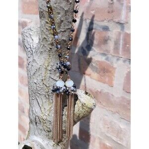 Extra Long Beaded Statement Tassle Chain Necklace Blue Gold